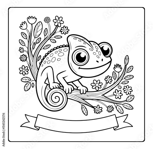 Cute chameleon on tree branch natural scene vector outline illustration coloring page for kids
