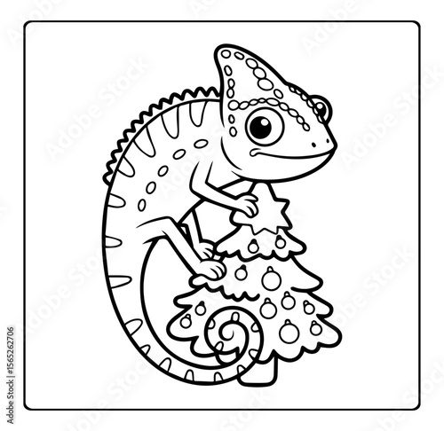Cute chameleon on christmas tree vector outline illustration coloring page for kids