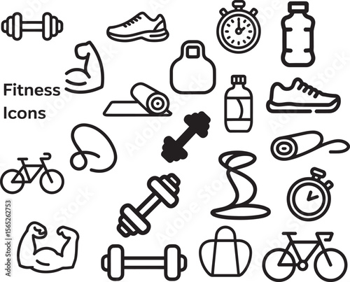 Fitness equipment and exercise icons dumbbell shoes