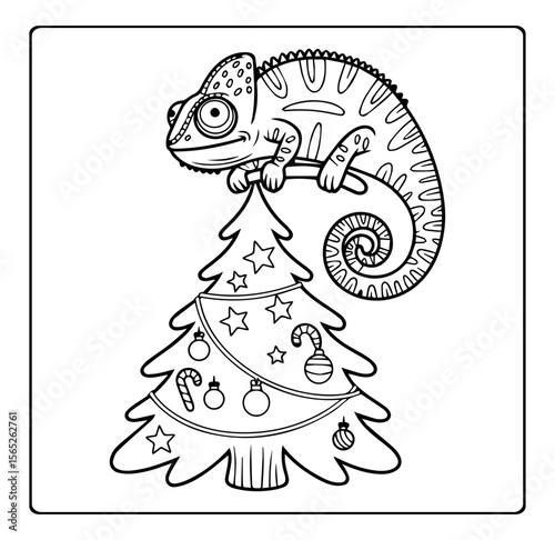 Cute chameleon on christmas tree vector outline illustration coloring page for kids
