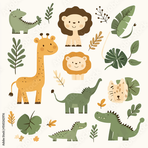 Bright playful safari animal set with simple cartoon lions, elephants, giraffes and zebras for kids crafts, packaging, nursery decor and gift projects
