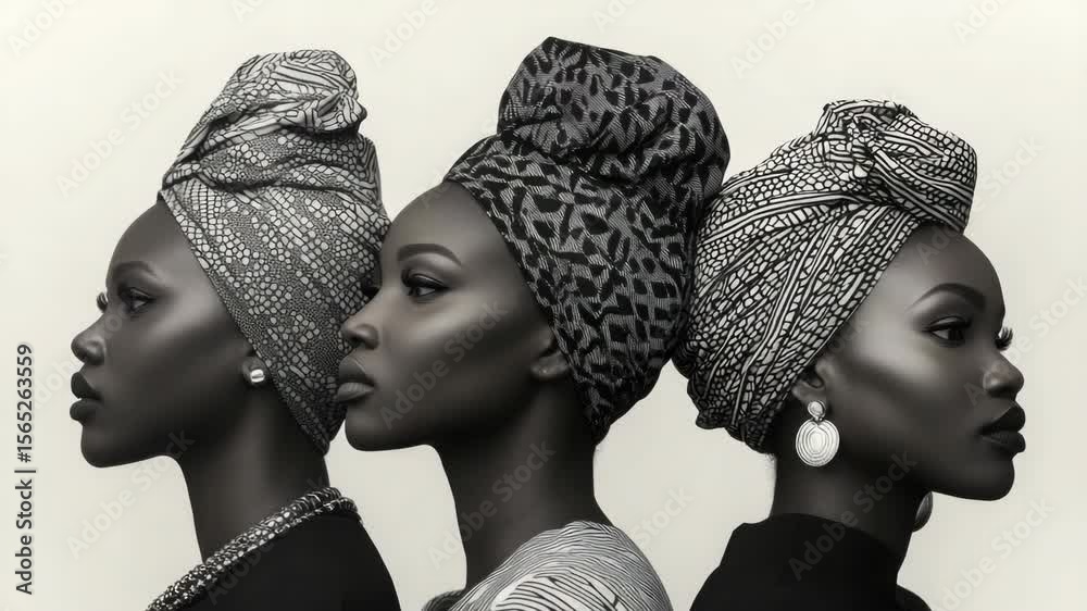 African fashion models wearing colorful headscarves and elegant makeup.