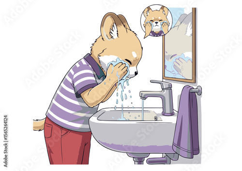 Shiba Inu Character Washing Face in Bathroom Sink with Running Water.