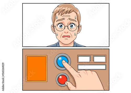 Anxious Man Watching a Hand Press Buttons Nervous Expression Sweating Glasses.