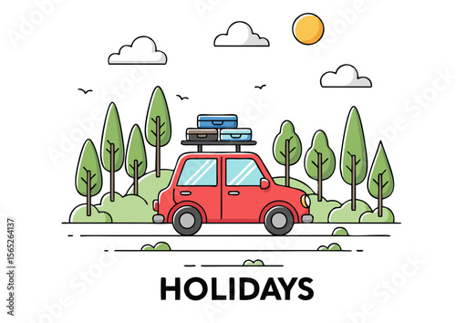 Red Car with Luggage Rack on Holiday Trip Through Forest.