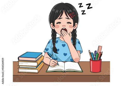 Sleepy Girl Yawning While Studying with Books and Stationary.
