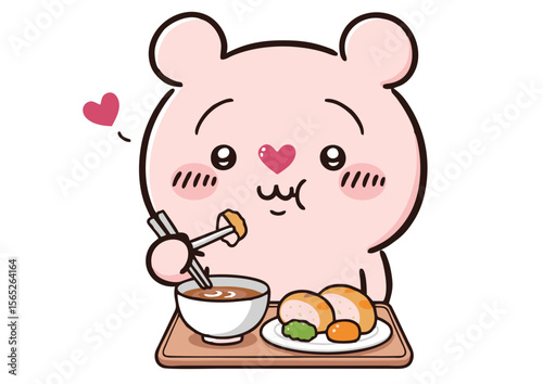 Cute Pink Cartoon Bear Enjoying a Meal with Chopsticks and Heart.