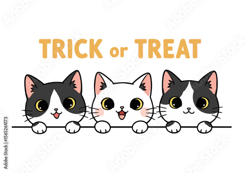Three Cute Cartoon Cats with Trick or Treat Text Halloween Theme.