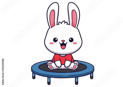 Happy Cartoon Bunny Rabbit Sitting on a Blue Trampoline.