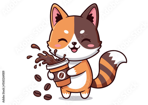 Cute Cartoon Cat Holding Coffee Cup with Splashes.