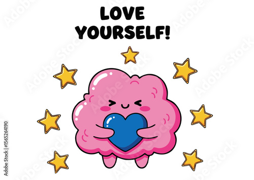 Adorable Pink Cloud Character Hugging Blue Heart Surrounded by Golden Stars.