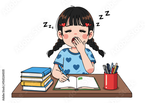 Sleepy Girl Yawning While Studying with Books and Pens.