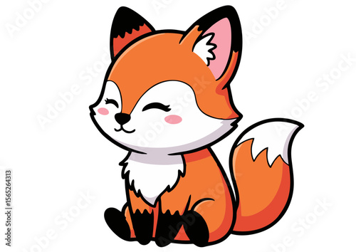 Cartoon Fox Sitting with Closed Eyes and Smiling Expression.