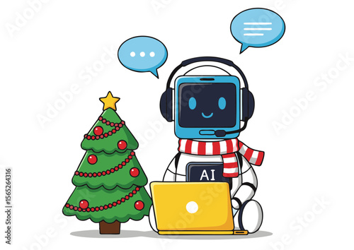 Festive AI Robot with Laptop and Christmas Tree Working During Holidays.