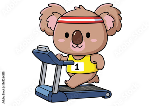 Cartoon Koala Exercising on Treadmill Wearing Headband and Numbered Vest.