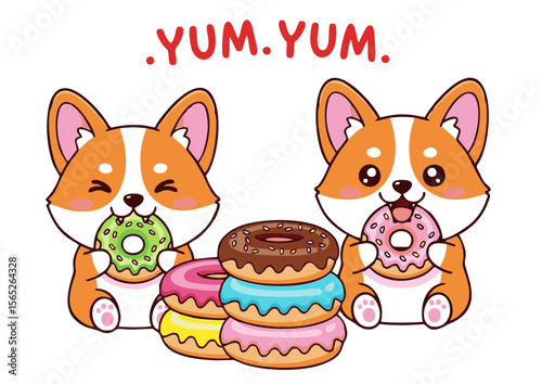 Two Adorable Corgi Puppies Enjoying Delicious Donuts One Green One Pink Stack of Colorful Donuts.