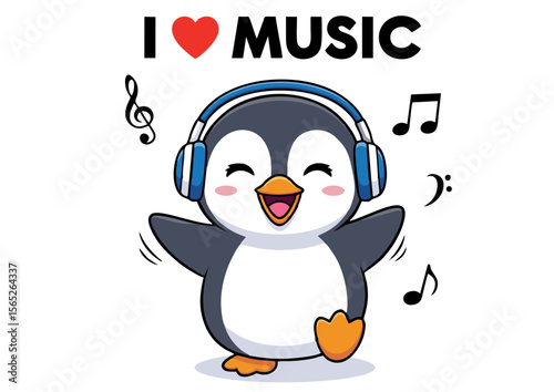 Joyful Cartoon Penguin with Headphones Listening to Music.