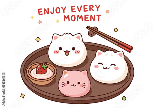 Three Adorable Cat-Shaped Buns with Strawberry Cream on a Wooden Tray.