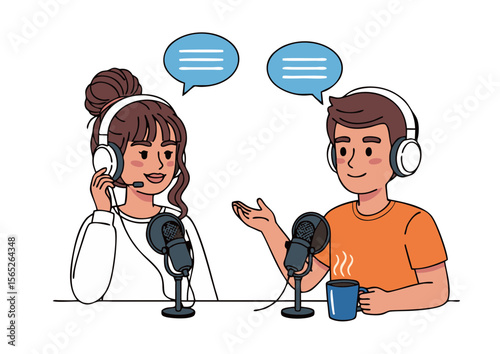 Podcast Recording: Two Cartoon People with Microphones and Headphones.