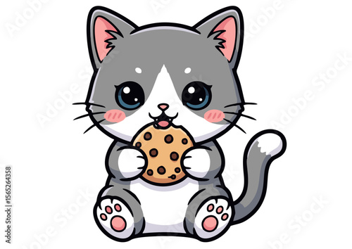Adorable Gray and White Cartoon Cat Eating a Chocolate Chip Cookie.