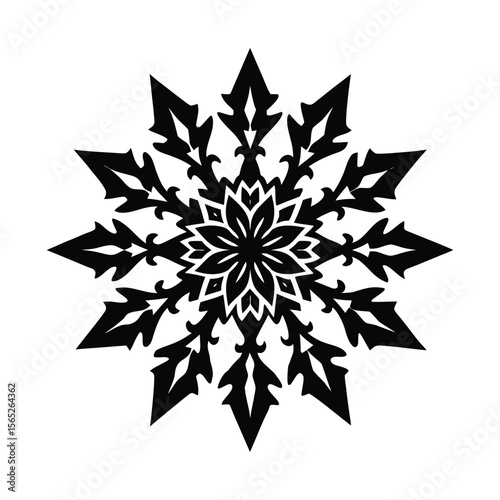 Intricate and detailed symmetrical snowflake silhouette design with a classic elegant appeal for winter celebrations and frosty themes