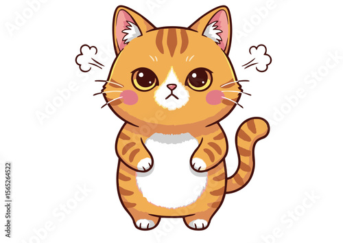 Grumpy Orange Tabby Kitten Cartoon Illustration Standing Pose Anime Style.