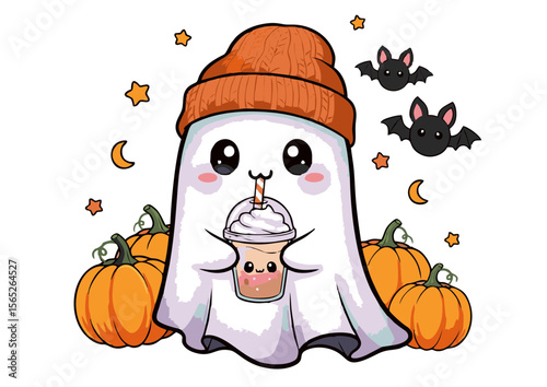 Cute Ghost with Drink and Knitted Hat for Halloween.