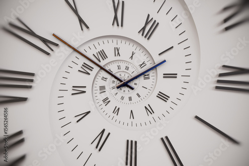 Vintage white spiral clock dial with roman numerals. Concept of Infinite time, deadline, scheduling, time and space, past, present and future.