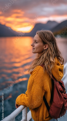 Serene blonde gazes over scenic waterscape