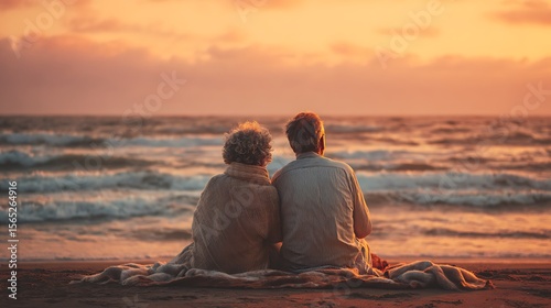 Fototapeta Naklejka Na Ścianę i Meble -  Senior couple enjoying a peaceful sunset view on the beach embracing togetherness