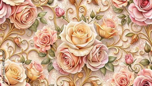 Elegant Rose Bouquet with Ornate Golden Scrollwork Design, a Luxurious Floral Pattern for Textile and Interior Decoration