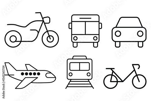 All transportation icon set with motorcycle car bus train airplane and bicycle in simple outline style for travel commute vector illustration.