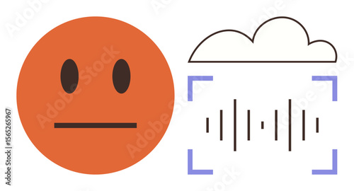 Neutral face next to a cloud and audio waveform inside scanning frame. Ideal for AI, emotion analysis, voice recognition, cloud computing, technology, mental health, digital communication. Simple