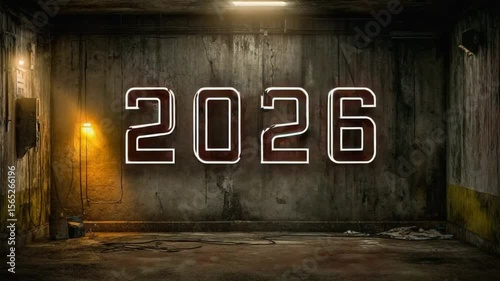 Year 2026 glowing in an abandoned room creating a futuristic atmosphere