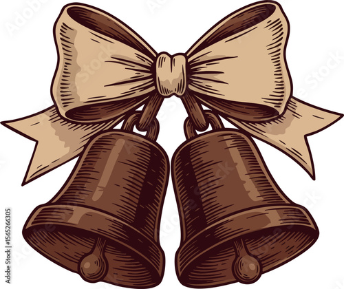 Vintage style brown bells with beige ribbon tied bow illustration design vector 