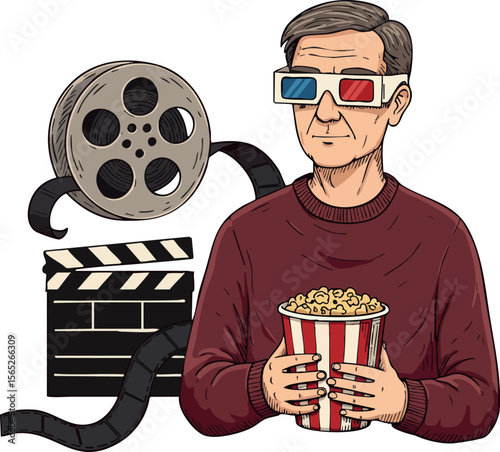 Elderly man watching movie with 3D glasses holding popcorn vector illustration