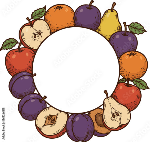 Fruit wreath with apples plums pears and oranges in hand drawn style vector illustration circle frame 
