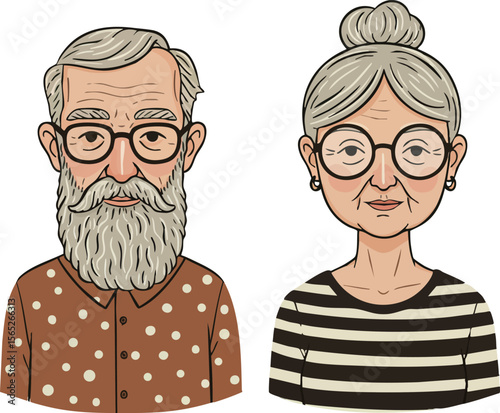Elderly man with beard and woman with glasses in casual striped and polka dot clothing vector illustration 