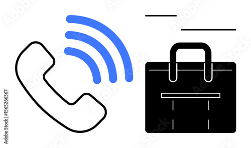 Telephone handset with blue sound waves next to a shopping bag. Ideal for communication, retail, customer support, online shopping, sales, business interaction, simple flat metaphor