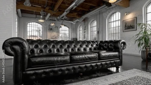 Elegant Living Room Interior Design with Classic Black Chesterfield Sofa and Modern Accents