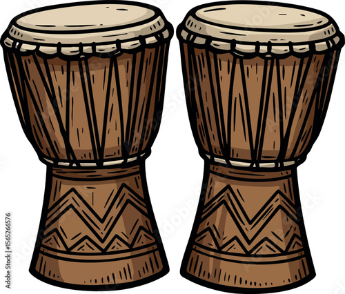 African wooden djembe drums with natural skin heads traditional percussion instruments vector 