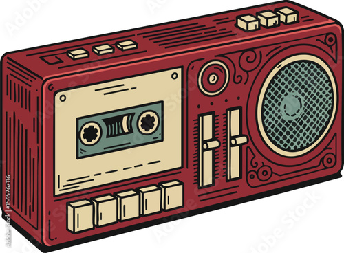 Vintage red cassette player radio vector illustration with speaker and buttons