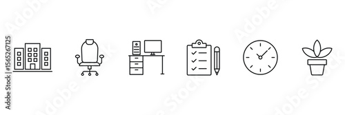 Office furniture setup workspace equipment schedule checklist plant time clock icon vector illustration for business and corporate design.