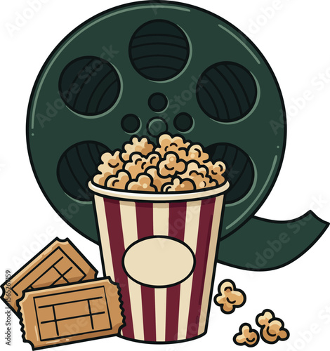 Movie film reel popcorn bucket and chocolate bars vector illustration for cinema entertainment 