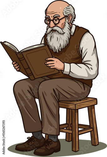 Elderly man reading book seated on wooden stool vector illustration with beard and glasses 