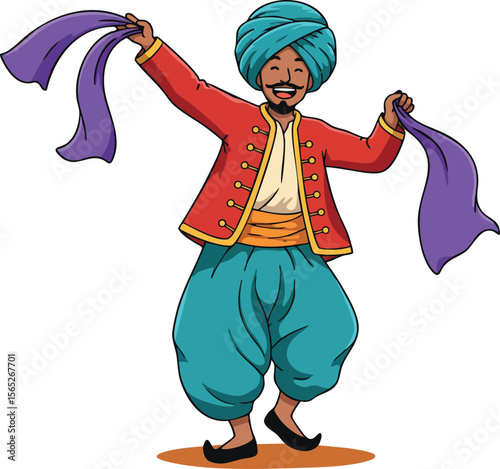 Traditional Indian dancer in colorful costume waving purple scarves joyful expression 
