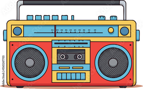 Retro boombox radio with cassette player and colorful buttons vector illustration 
