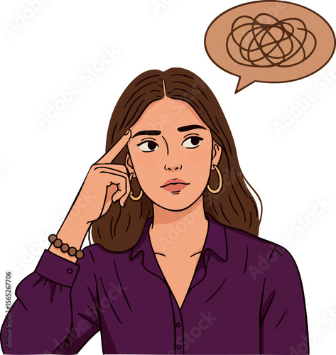 Woman with confused expression and tangled thought bubble vector illustration in purple shirt