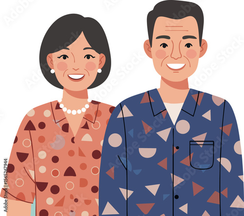 Smiling middle aged couple wearing patterned shirts vector illustration with blue and brown colors 
