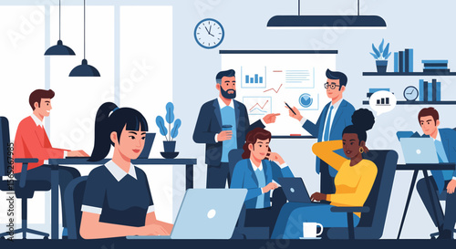 Diverse team collaborating on business strategies in a modern office setting.